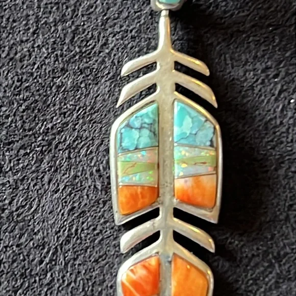 Navajo Native American Vintage feather Sterling Silver Lazuli turquoise pendant - Picture 2 of 7